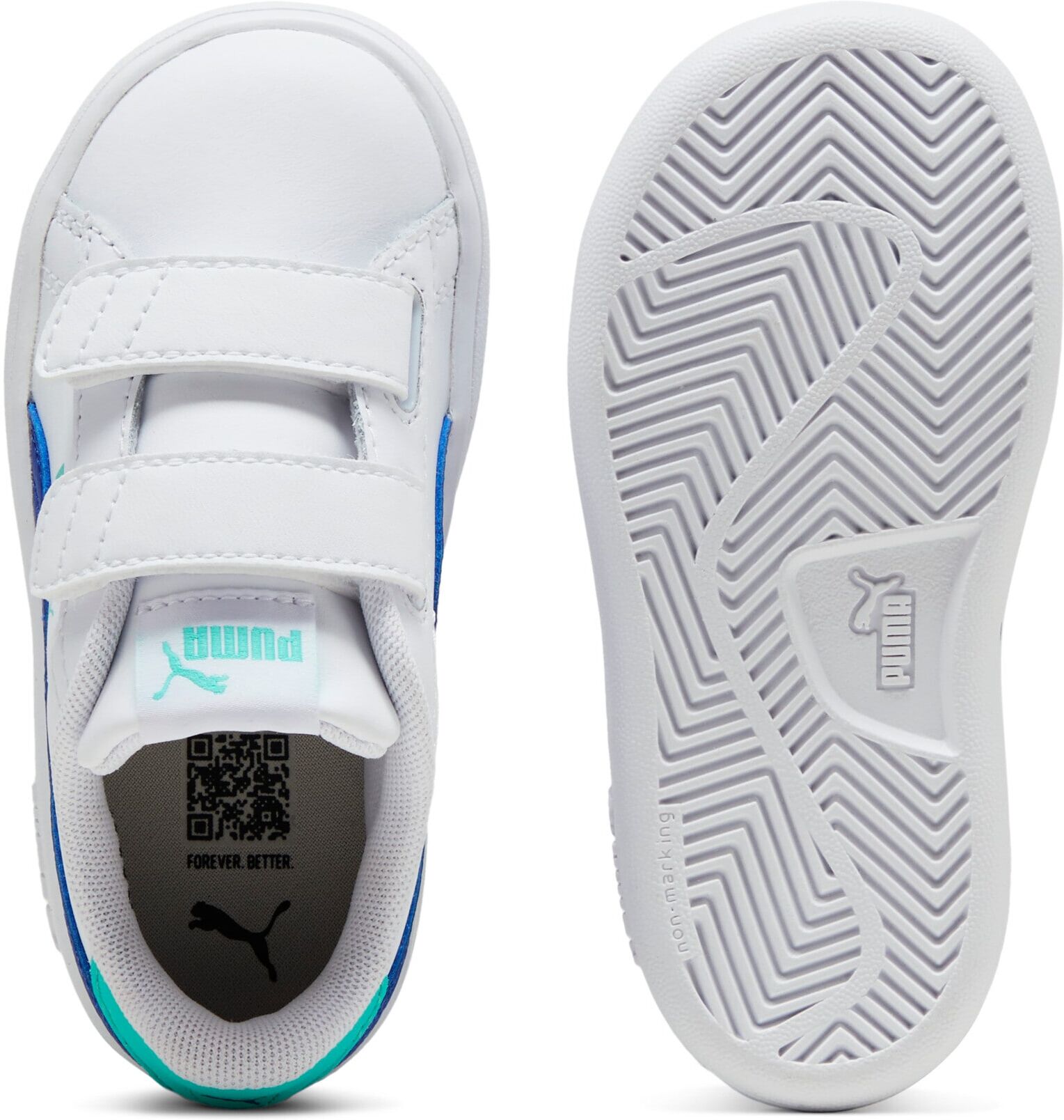 Sneaker PUMA "SMASH 3.0 L V INF", Jungen, Gr. 23, Textil, weiss (puma weiß, vivid blau, aquatic), Leder, Schuhe Sneaker, mit Klettverschluss, mit Gummilaufsohle, Innenmaterial aus Textil puma weiß, vivid blau, aquatic 23, Textil