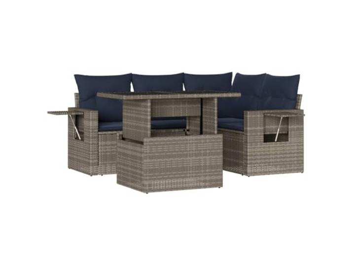PUGYNBK Garten-Sofa-Set, 5-teilig, Polyrattan, Grau Verstellbare Tischplatte, klappbarer Beistelltisch, modulares Design, gepolsterte Kissen