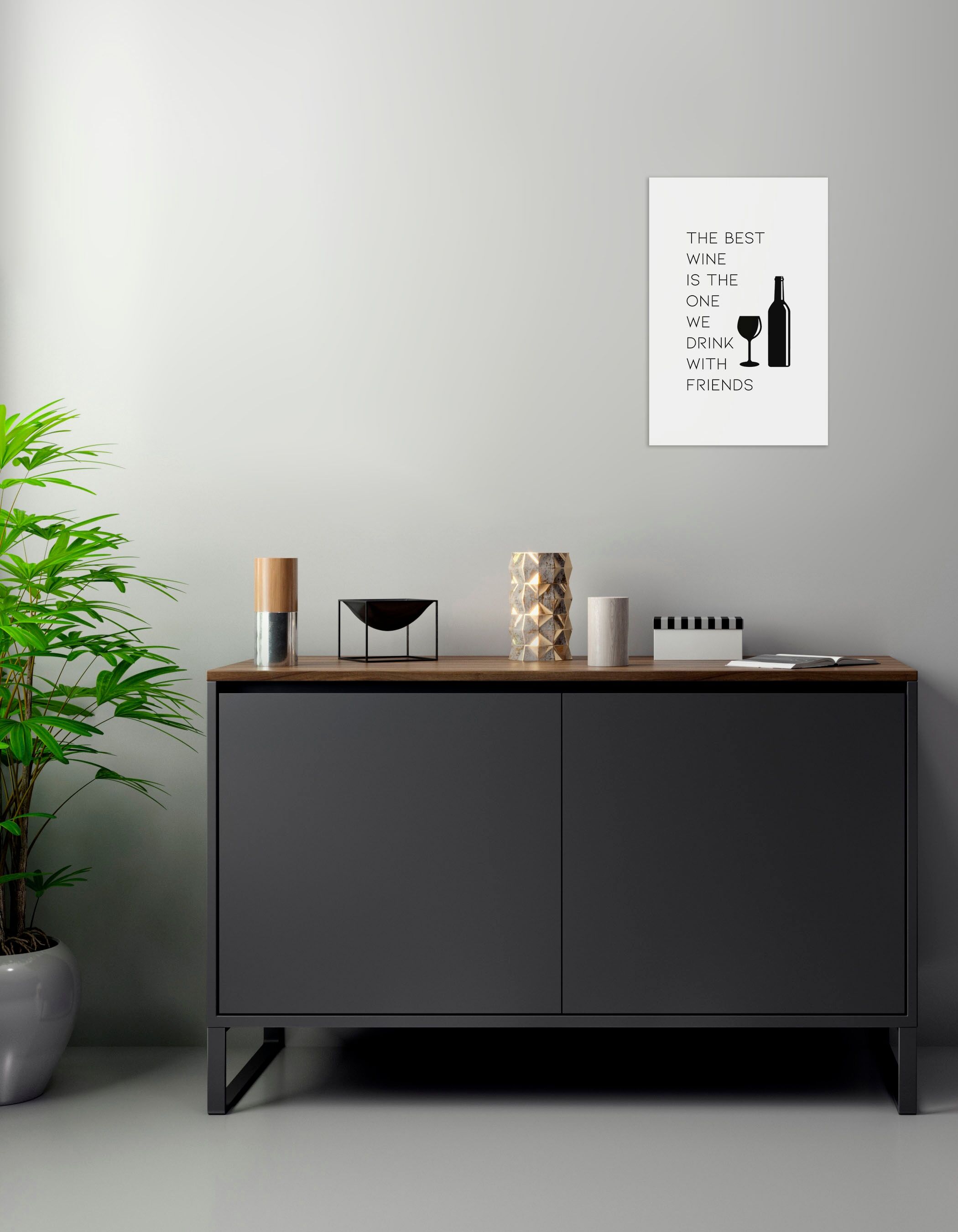 Wanddekoobjekt QUEENCE "Wine", schwarz, B:30cm H:45cm T:0,1cm, Stahl, Wanddekoobjekte, Wanddekoobjekt, Stahlschild, Blechschild, Spruch, Witzig, Wanddeko, retro, 20x30cm schwarz B/H/T: 30cm x 45cm x 0,1cm, Schriftzug Spruch