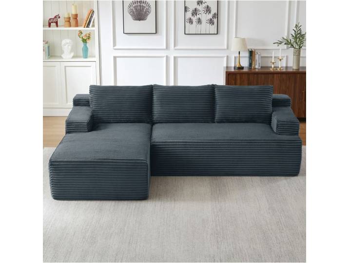 COVREO Canapé d'angle convertible 4 places modulable compressé assise profonde velours côtelé gris foncé sans montage