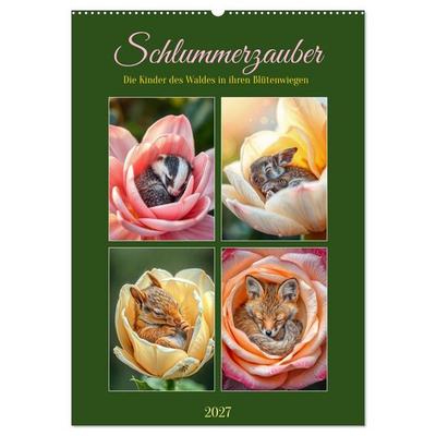 Schlummerzauber - Die Kinder des Waldes in ihren Blütenwiegen (Wandkalender 2027 DIN A2 hoch), CALVENDO Monatskalender