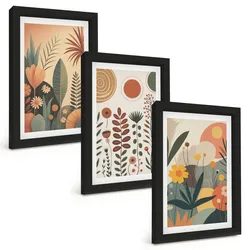 BILDER SET 3er Set - 20x30 cm Schwarzer Rahmen - Boho-Pflanzenmuster Natur