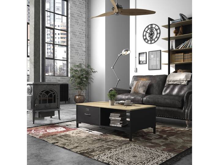 Couchtisch GAMI Manchester , schwarz (schwarz, eiche helvezia, schwarz, eiche helvezia), B:110cm H:39,9cm T:59,6cm, Spanplatte aus Pinus sylvestris, Tische, Couchtisch, mit einer Aufbewahrungsniesche