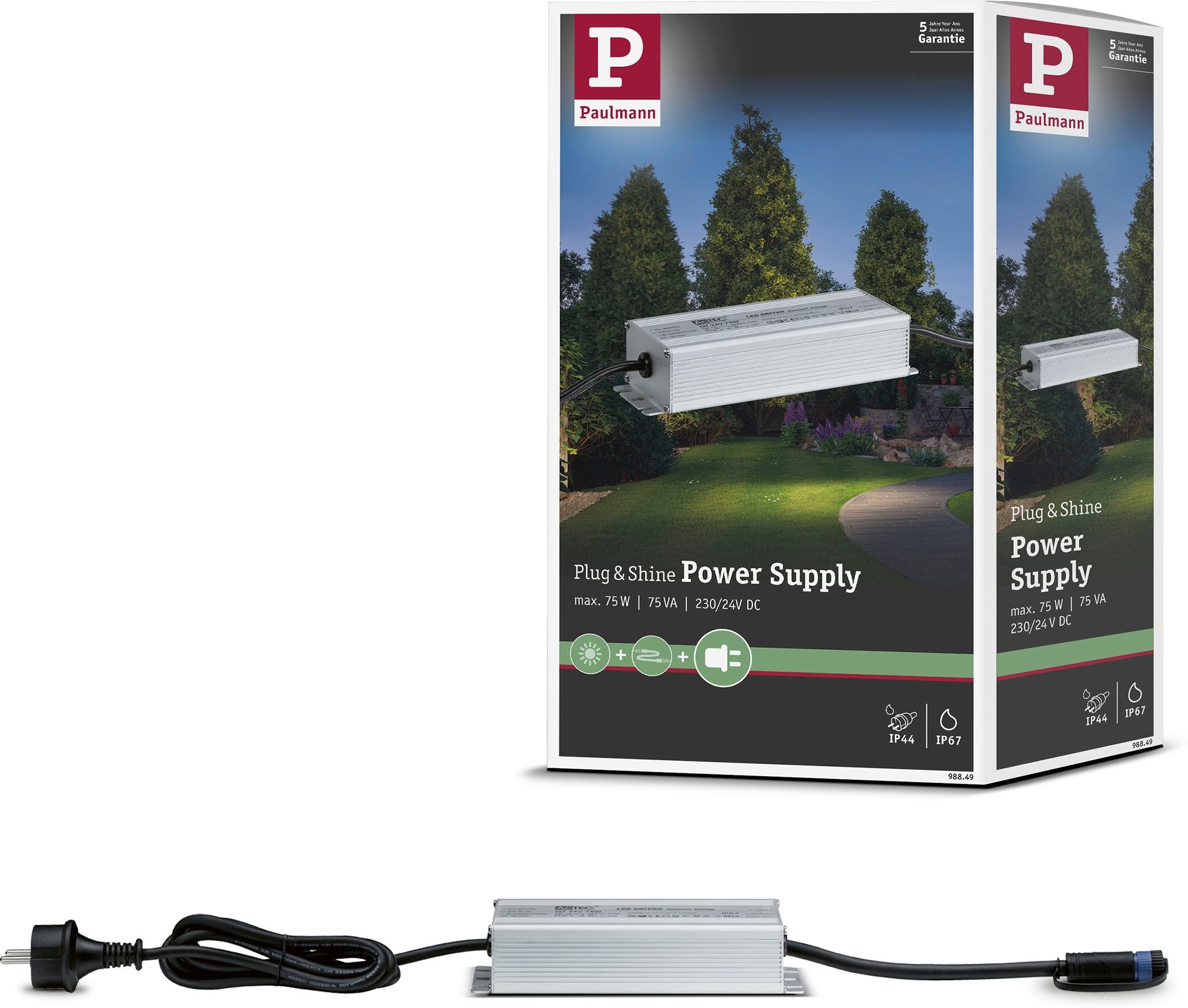 Trafo PAULMANN "Outdoor Plug & Shine Power Supply Silber Alu", silber (silberfarben, schwarz), B:6,8cm H:3,6cm T:19,9cm, Netzteile, Trafo, IP67 230/24V DC 75W