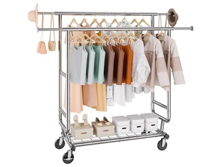 VEVOR Zwaar uitgevoerde kledingrek, kledingrek met dubbele ophangstang, kledingrek voor hangende kleding, in hoogte verstelbaar en uitschuifbaar kledingrek met opbergruimte aan de onderkant, 600 lbs