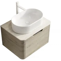 OKWISH Badezimmer-Waschtisch 50x60x46 Ovales Keramikbecken Sintersteinplatte Schrank Soft-Close Schubladen Stauraum Modern Vormontiert Beige+Weiß
