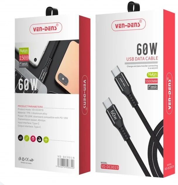 Ven-Dens 60W USB-C to USB-C Charging Cable 1.5M, Nylon Braided, Durable & Fast Charging, VD-DC0019 - Black