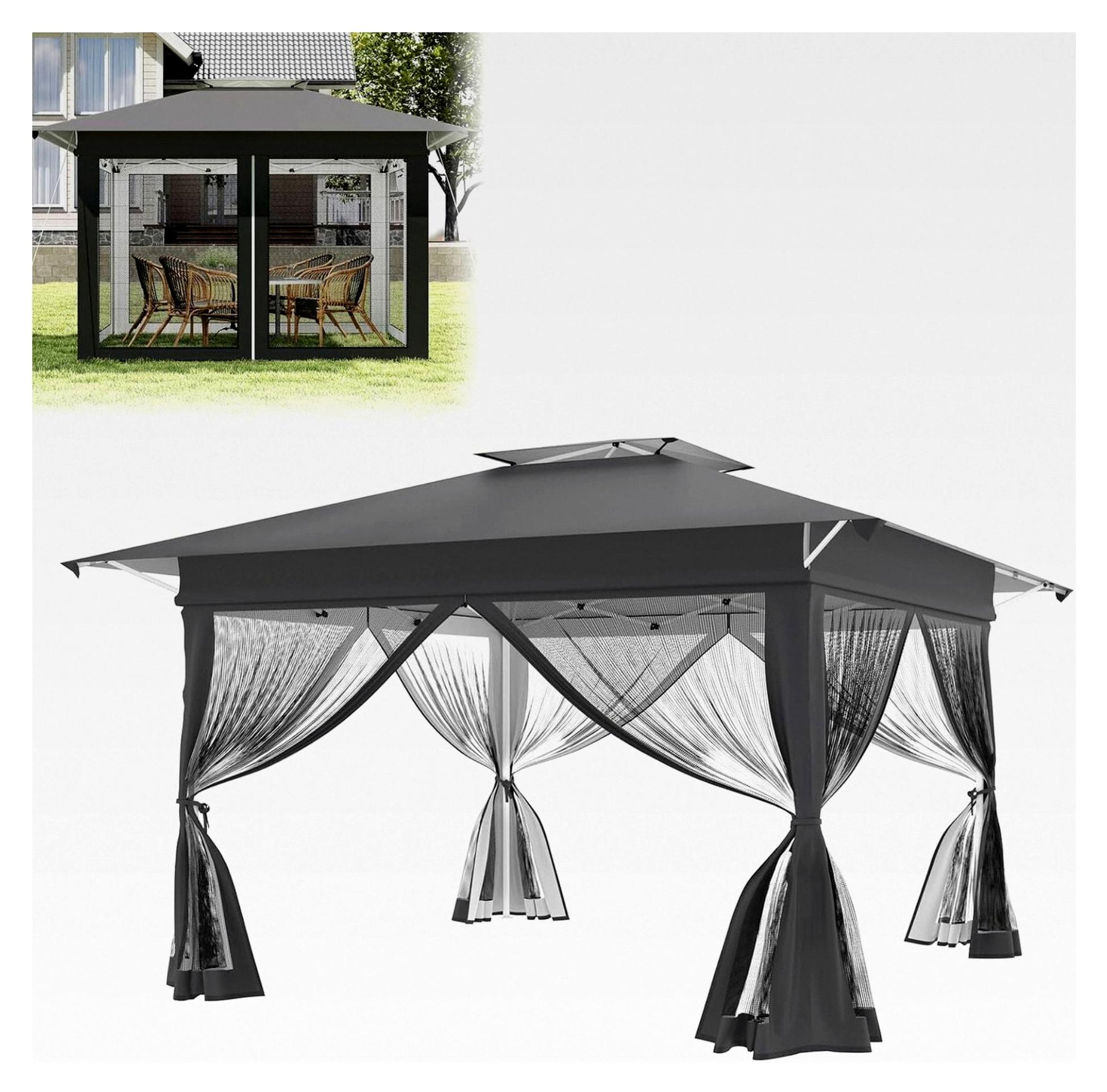 Faltbarer Gartenpavillon 4x4m, wasserdicht, mit Netzseitenwänden, höhenverstellbar, inkl. Tragetasche mit Rollen, UV-Schutz, für Garten, Terrasse, Hinterhof (Anthrazit)