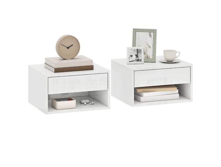 Homcom Lot de 2 tables de chevet flottantes, tables de chevet avec tiroir et étagère ouverte, design moderne, 37x32x21 cm, blanc brillant