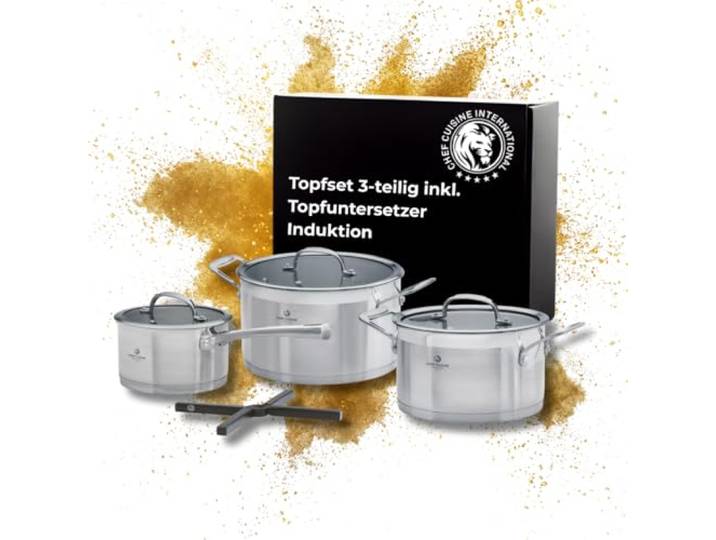 CHEF CUISINE Topfset, 3-tlg., Ø 16/20/24 cm, Glasdeckel, Gratis Topf-Untersetzer, Edelstahl, Aluminiumkern, Rostfrei, Pflegeleicht, Geschmacksneutral