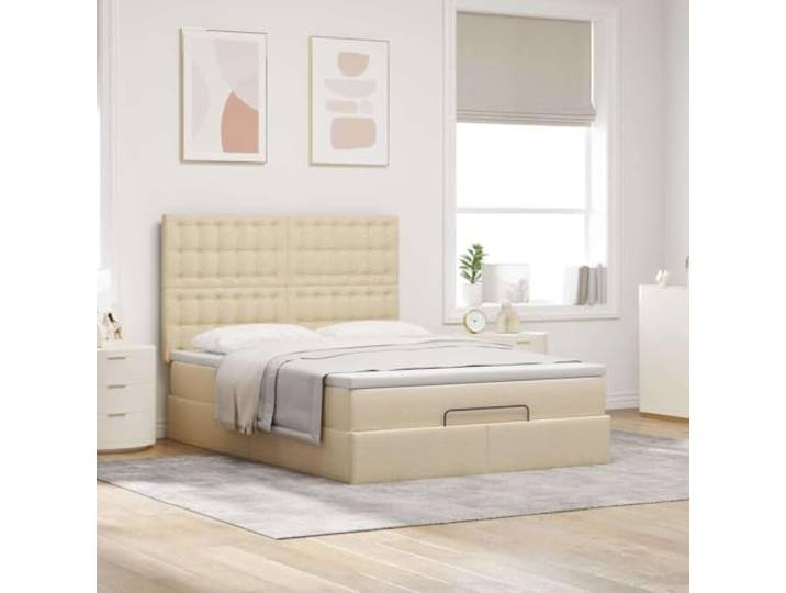 KTHLBRH Boxspringbett 140 x 190 cm Creme mit Matratze Hydraulisches Heben, Taschenfedern, Matratzenbezug inklusive, atmungsaktiver Stoff