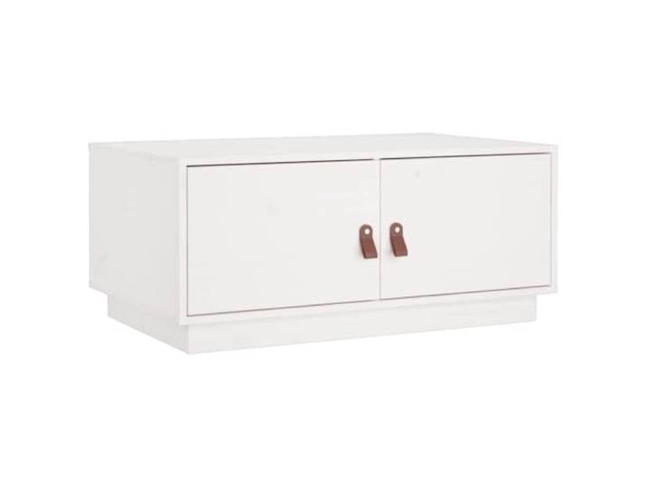 KUTYWEXFM Couchtisch Weiß 80x50x35 cm Massivholz Kiefer Sofatisch Praktische Fächer bieten strukturierte Ablageflächen für Zeitschriften im modernen Wohnbereich mit natürlicher Holzmaserung.
