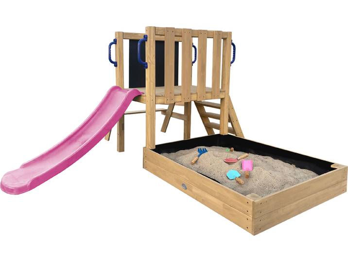 AXI Leah Mini Spielturm aus Holz in Braun mit lila Rutsche Kleiner Spielturm für Kinder mit Sandkasten, Picknicktisch und Kreidetafel Spielgerät