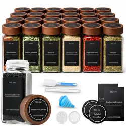 Five Stars® 24er Gläser Gewürzgläser Set Vierkant mit Akaziadeckel - 2 Arten Streudeckel - inkl. Etiketten, Stift, Trichter und Zubehör - 120 ml