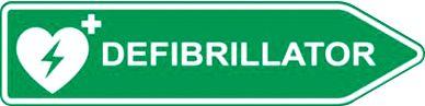 Defibrillator-AED-Standort-Straßenschild, Pfeilform, rechtsweisend, nachtleuchtend, wetterfest, Dibond-Druck, L 600 x H 150 mm, grün-weiß