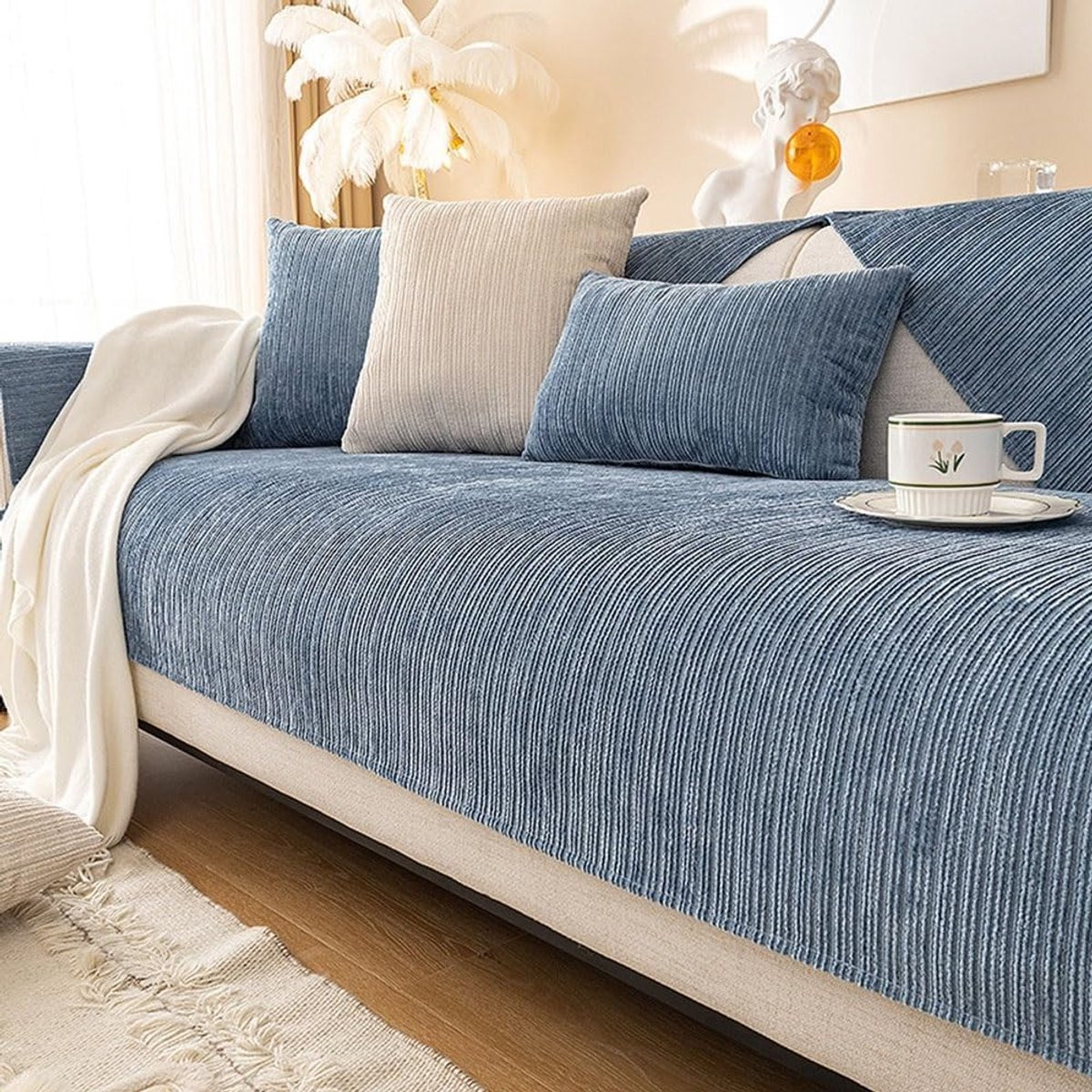 Blauwe Chenille Sofahoes met Antislip Bodem - Bankbeschermer voor Volwassenen - 110 x 160 cm