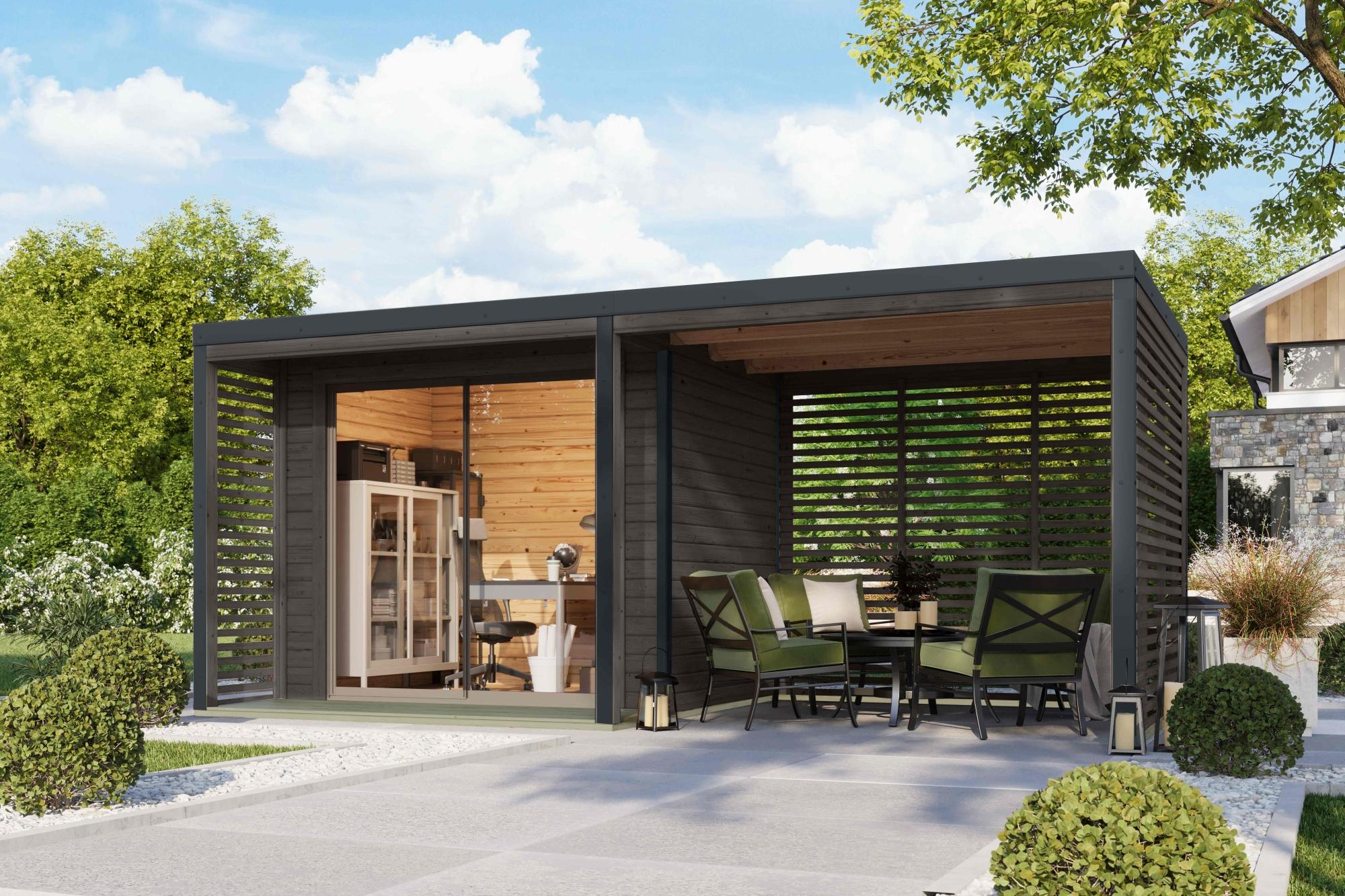 Gartenhaus Holz 38mm mit Anbaudach Metall anthrazit / Holz terragrau SATURN 539x276x232cm + Aktionsmodell+