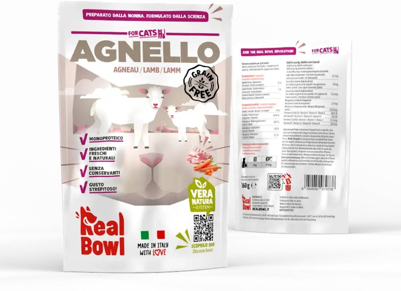 REAL BOWL 1 BUSTA x 160 g Alimento Completo per Gatti Agnello Senza Cereali Grain Free