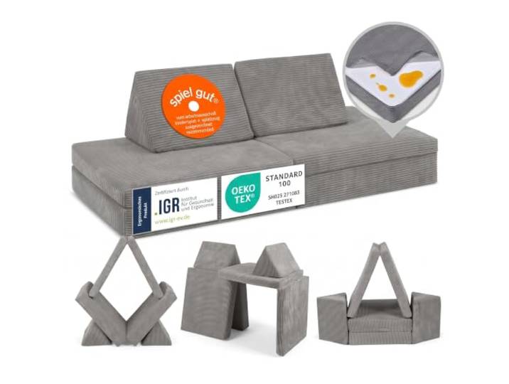 Linodino® Spielsofa Cord Kindersofa aus Schaumstoff Bausteine - Spielsofa für Kinder & Kuschelecke im Kinderzimmer Kindercouch Oeko-TEX 100 Zertifiziert Elefanten Grau