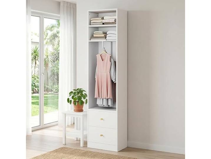 BXEYXE Kleiderschrank Weiß, 2 Schubladen 1 Kleiderstange 1Fach, 50 * 30 * 200cm, schmaler Schrank