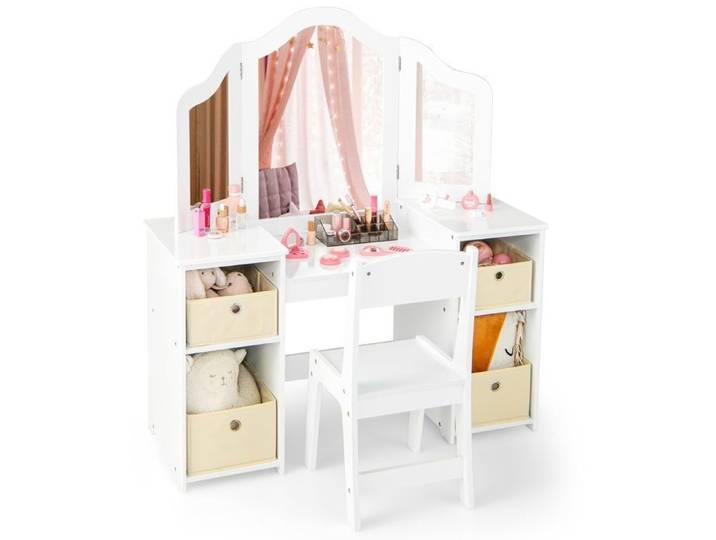 DREAMADE Coiffeuse pour Enfants 2 en 1 avec Tabouret et Miroir Amovible Table de Maquillage en MDF avec 4 Étagères Ouvertes Blanc