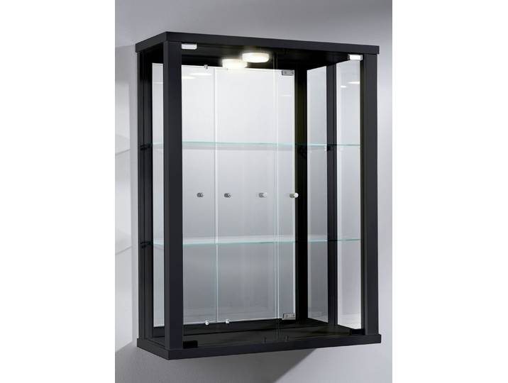 Hängevitrine mit ESG-Sicherheitsglas, Schwarz, mit LED-Beleuchtung und Spiegelrückwand