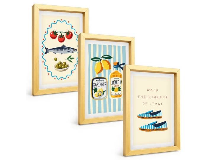 BILDER SET 3er Set - 20x30 cm Goldrahmen - Italienische Aromen und Lifestyle-Bilder