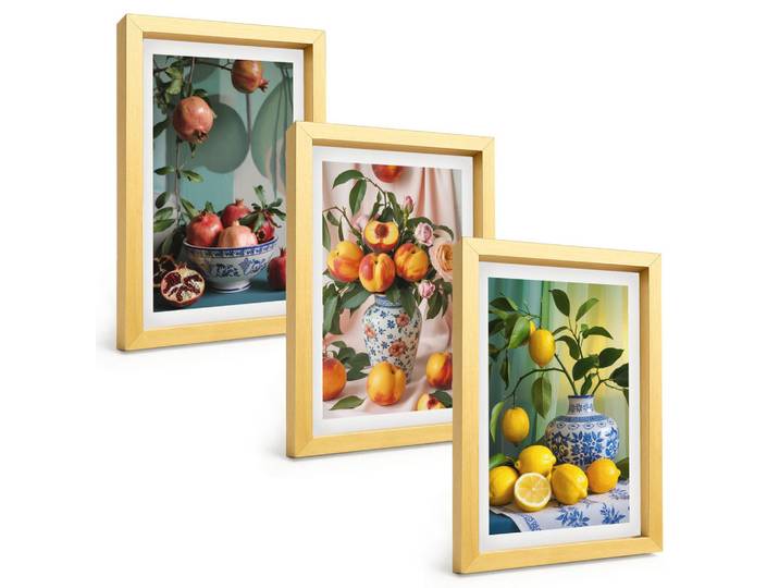 Tulup Bilder SET 3er Set - 20x30 cm Goldrahmen - Granatäpfel, Pfirsiche, Zitronen, Goldfarben, Kunststoff, Rechteckig, 20x30 cm, gerahmt, Bilder & Rahmen, Bilder
