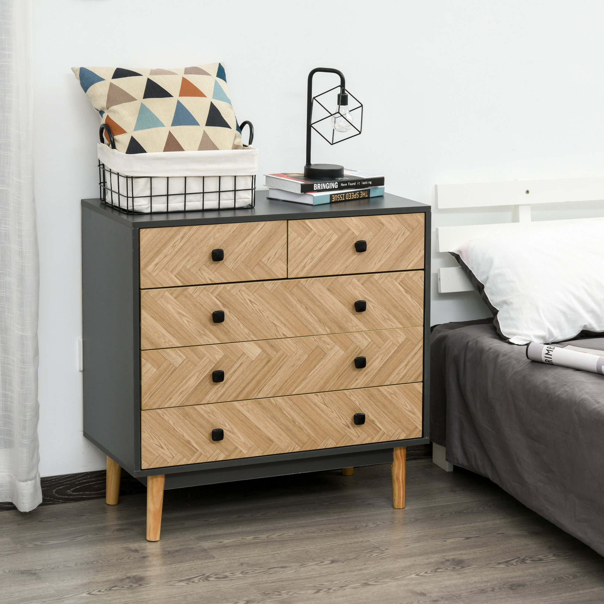 Homcom Cassettiera in Legno Moderno con 5 Cassetti, Cassettiera per Camera da letto con Gambe Rialzate in Pino, Grigio Scuro, 80x40x80cm Aosom