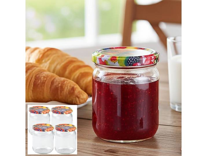 4er-Set Einmachgläser mit Schraubdeckel, Sturzgläser mit Früchte-Muster, je 540 ml