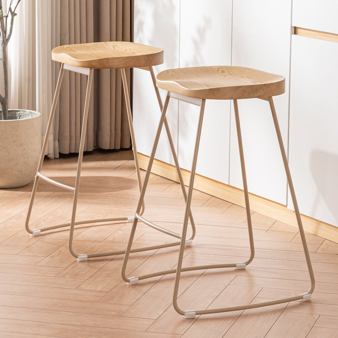 Rio Bar Stools Set of 2 Rustic Counter Stools with Solid Wood Saddle Seat & Metal Legs, Backless Kitchen Island Stools for Breakfast Bar & Home Decor Tan 65cm H X 46cm W X 44cm D