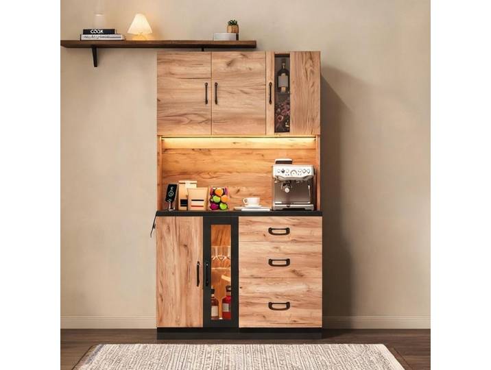 Buffet haut design contemporain 105x40x180 cm noir et aspect bois avec éclairage LED