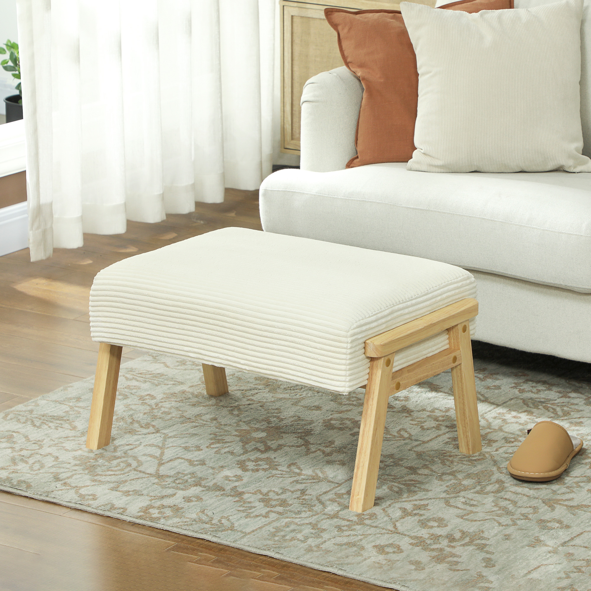 Homcom Pouf Poggiapiedi con Morbido Cuscino Seduta Gambe in Legno Pouf in Corda Bianco Crema   Aosom Italy