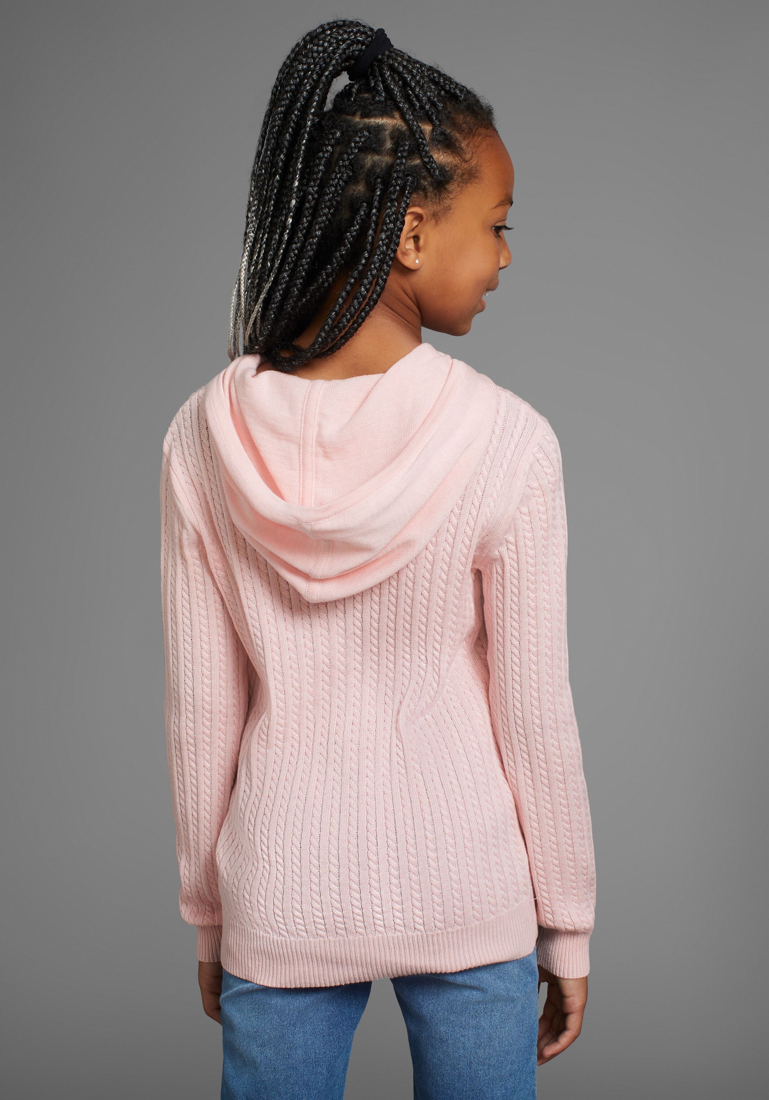 Strickpullover DELMAO "Zopf-Strickpullover aus Feinstrick mit Kapuze", Mädchen, Gr. 176/182, rosa, Strick, Obermaterial: 50% Baumwolle, 50% Polyacryl, Zopfmuster, Basic hüftbedeckend, Pullover Strickpullover, aus weichem Strick für Mädchen rosa 176/182