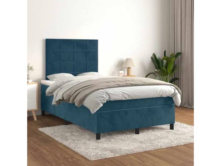 RJPLMFV Komplettes Bett, Velours, Blau, 120 x 190 cm Verstellbares Kopfteil, Taschenfederkernmatratze, mittelharte Unterstützung, weicher Matratzenschutz