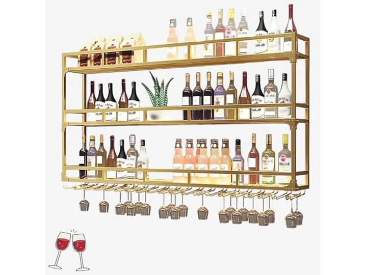 WXZXWXZX Weinregal Wand Metall Flaschenregal Schmal Wine Rack Bar Regal Wand Weinschrank Hausbar Barschrank Weinständer Getränke Regal mit Weinglashalter Vitrine Hängend für Bartheke Wohnzimmer(Gold,