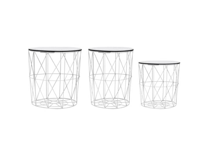 Couchtisch Set 3 Stk Weiß Massivholz Beistelltisch Metallrahmen Vintage Massivholzplatte, abnehmbar als Ablagekorb, platzsparend stapelbar, industrieller Stil, vielseitig nutzbar