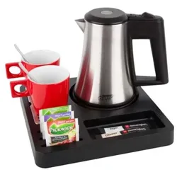 Willkommenstablett SQUARE Schwarz mit Wasserkocher STAR 0,5 L Edelstahl und 2 rote Porzellantassen