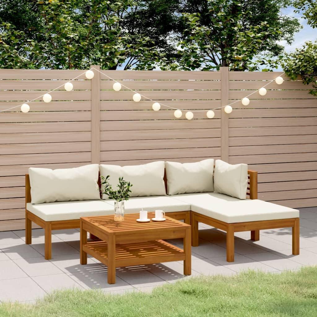 5-teiliges Garten-Lounge-Set aus massivem Akazienholz mit abnehmbaren cremefarbenen Kissen, Couchtisch im Lattenrost-Design und modularem Gartensofa für Terrasse und Garten