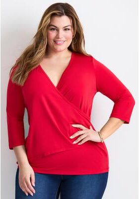 Plus Size Women's Side Ruched Faux Wrap Top by Avenue in Vibrant Red (Size 14)