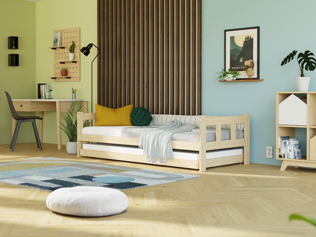 Einzelbett mit Kopfteilen FENCE 2-in-1 aus Holz mit Ausziehbett 80x190 cm Weiß