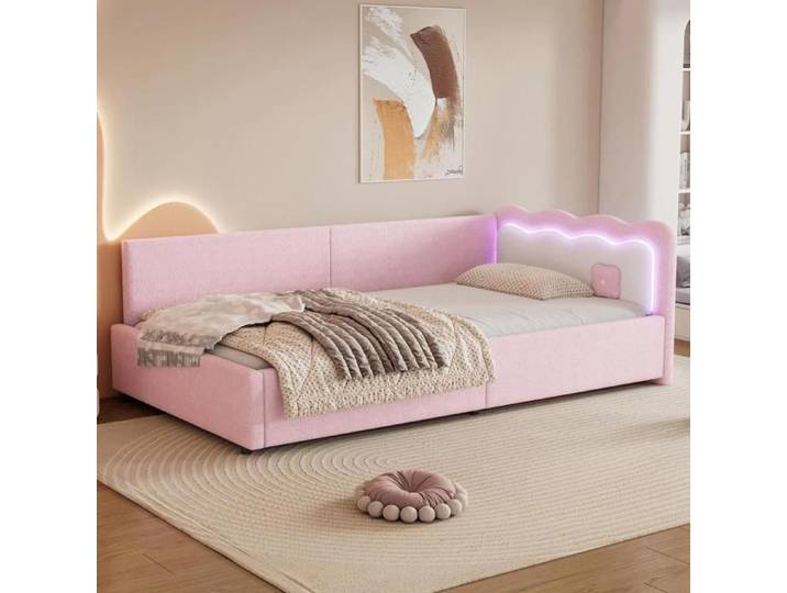 Lit banquette - KOMHTOM - Lit banquette/Canapé lit - 90x200 cm - Tissu bouclé rose - Éclairage LED