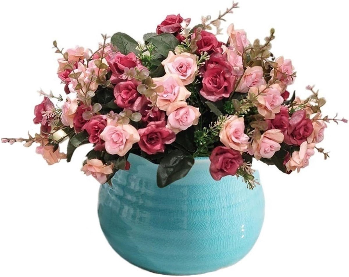Blauwe Kunstbloemen Rose Set met Keramische Vaas - Tafel Decoratie - Hoogte: 25 cm