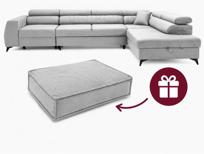 Muffo Ecksofa PIERO MAXI + Haustierbett in der Farbe des Möbelstücks GRATIS, mit Schlaffunktion und Bettkasten, Verstellbare Kopfstützen
