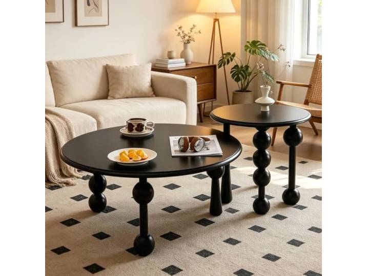 Runder Couchtisch aus massivem Kautschukholz, moderner französischer Retro Couchtisch umweltfreundliches Massivholz, stabile Zapfenverbindung, sichere abgerundete Kanten(Black)