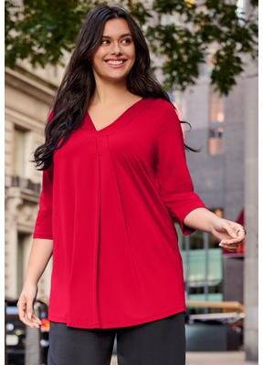 Plus Size Women's V Neck Pleat Front Tunic by Avenue in Vibrant Red (Size 26/28)