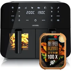 Arendo Heissluftfritteuse XXL Dual Zone 9 L, Doppelkammer Airfryer mit Backpapier & Zubehör, 2400 W, Fritteuse, Schwarz