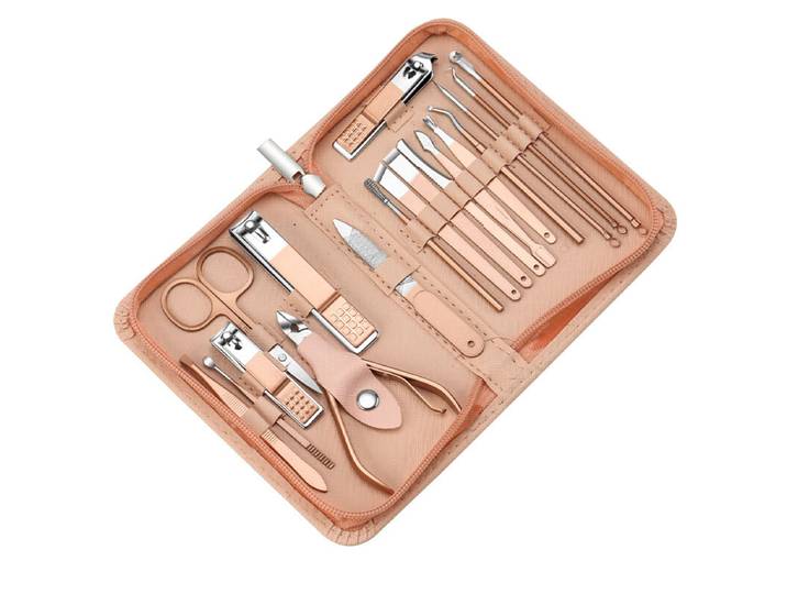 Trousse de manucure professionnelle 18-en-1, coupe-ongles portable et trousse de soin des sourcils, outils de soin des ongles en acier inoxydable avec étui en cuir pour voyage et maison (Or rose)[Boîte couleur]