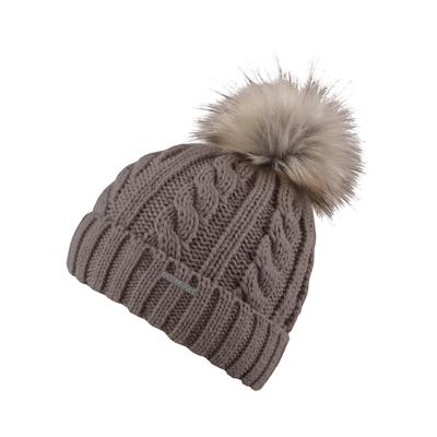 Bommelmütze CHILLOUTS "Joan Hat", Damen, braun (walnut), Grobstrick, Kunstfaser, Zopfmuster, unifarben, Mützen, Mit Fake-Fur Pom Pom, Zopfmuster