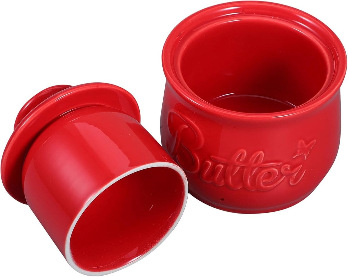 Rode Porseleinen Botervloot met Deksel - Keramische Boterdoos - 10,5 x 10,5 x 9 cm